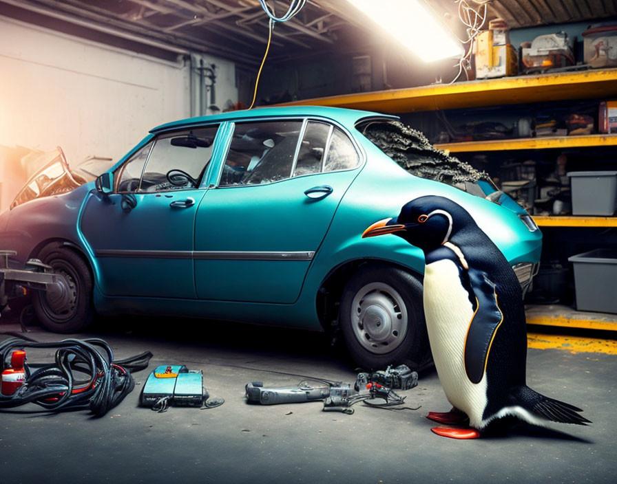 Penguin in workshop with turquoise car and scattered tools