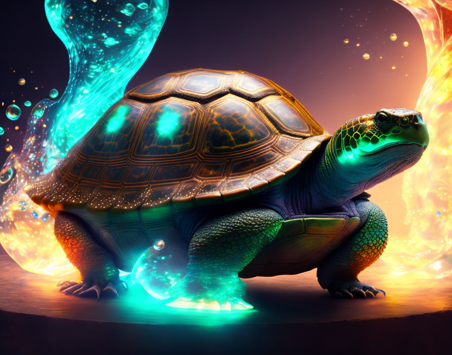 Neon turtle digital art with glowing shell and bubbles