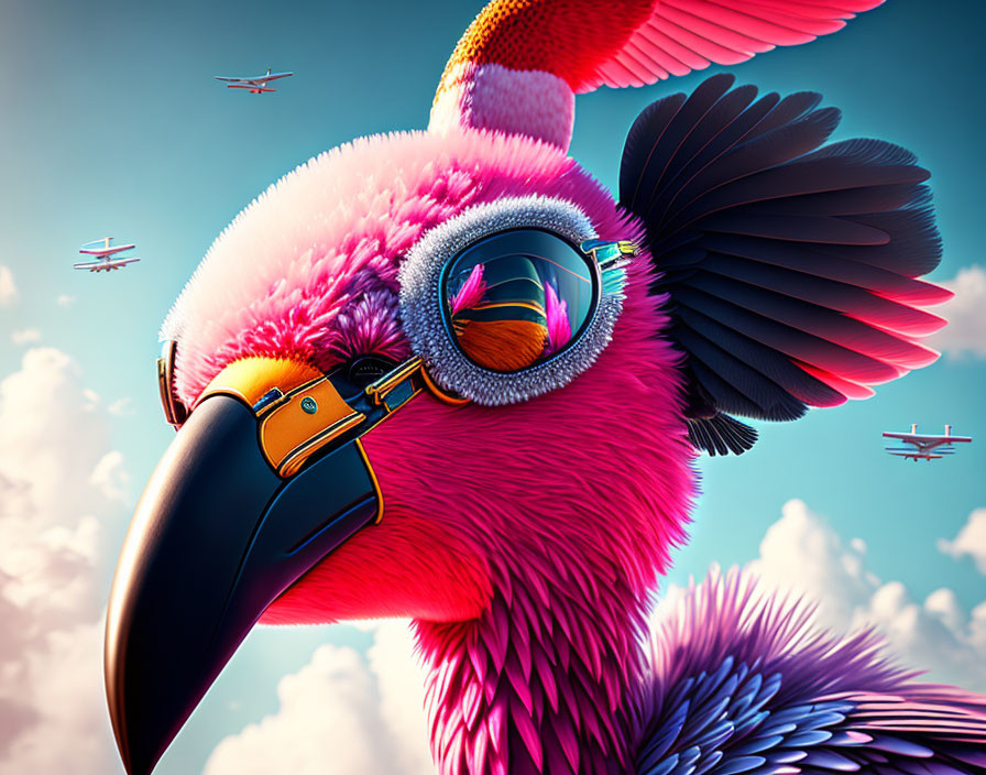 Pink flamingo with aviator goggles in vibrant illustration