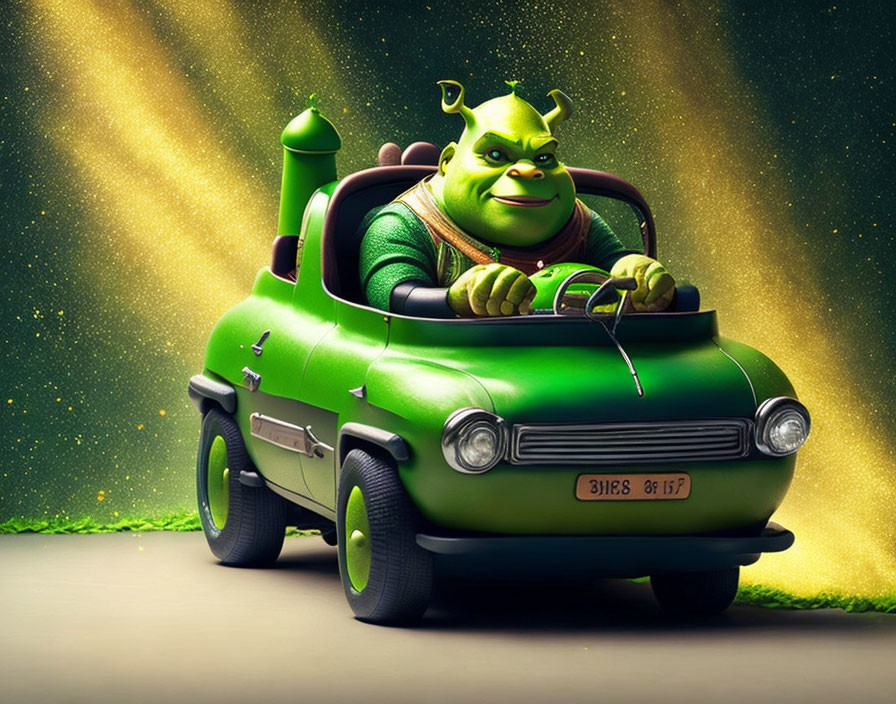 Green Car Driving Ogre Character on Sparkling Yellow Background