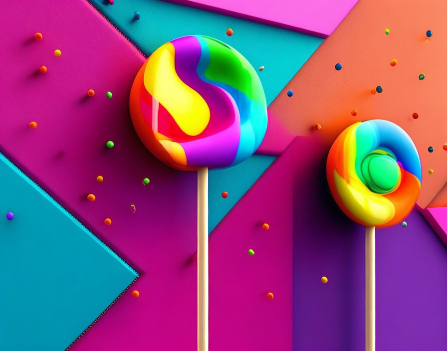 Colorful Swirled Lollipops on Vibrant Geometric Background