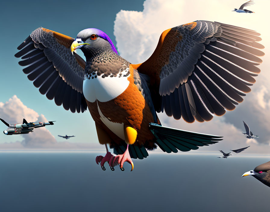 Colorful oversized bird flying among birds and planes in cloudy sky