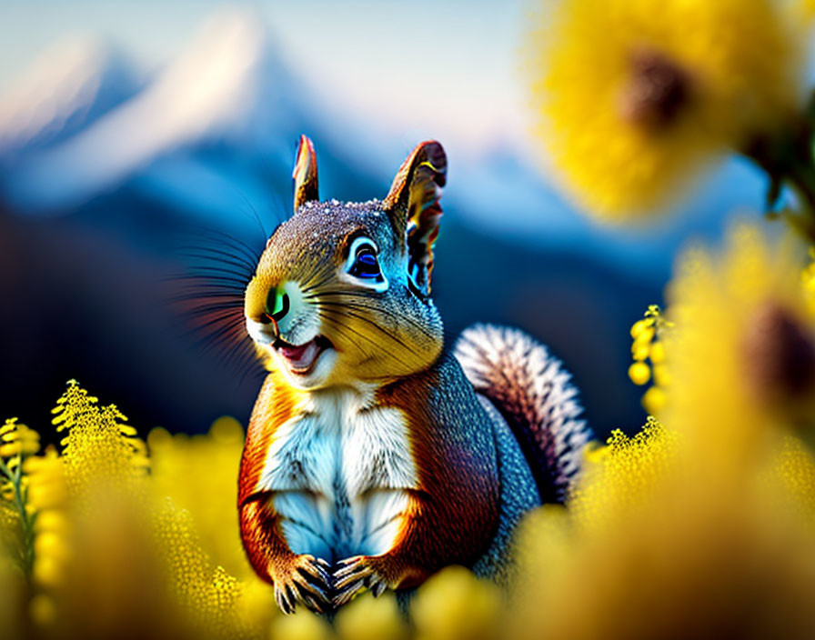 Colorful field scene with squirrel, yellow flowers, and mountains