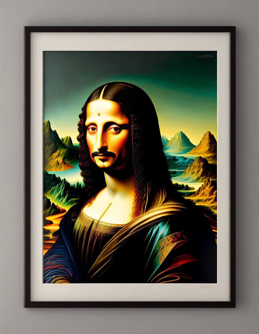 Stylized digital portrait resembling Mona Lisa with surreal landscape features framed on wall