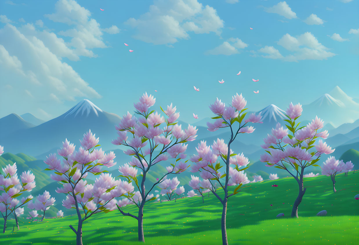 Tranquil cherry blossom landscape with pink trees, fluttering petals, green grass, and distant mountains