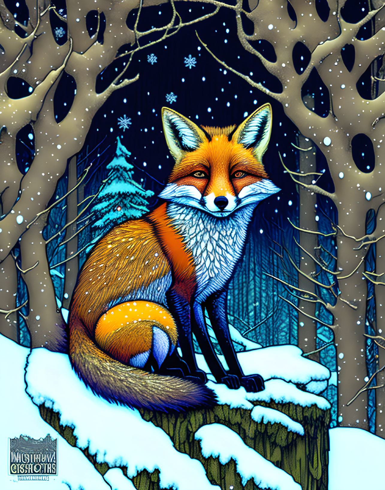 Red fox on snow-covered stump in wintry forest with falling snowflakes.