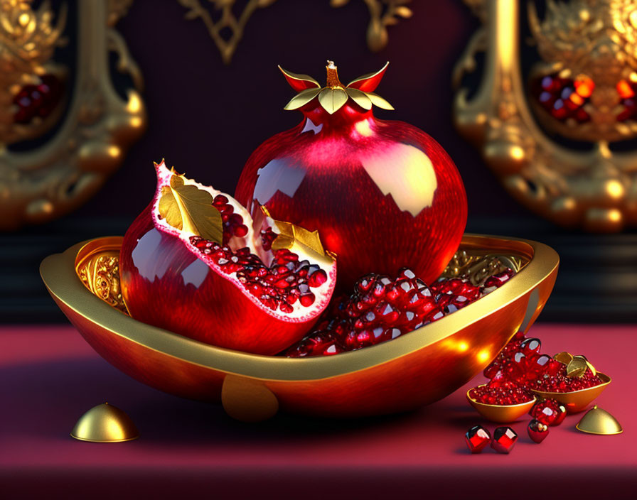 Fresh pomegranate with seeds in golden bowl on purple background