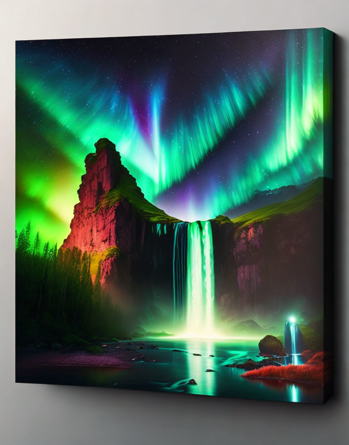 Vibrant aurora borealis over cascading waterfall in rocky terrain