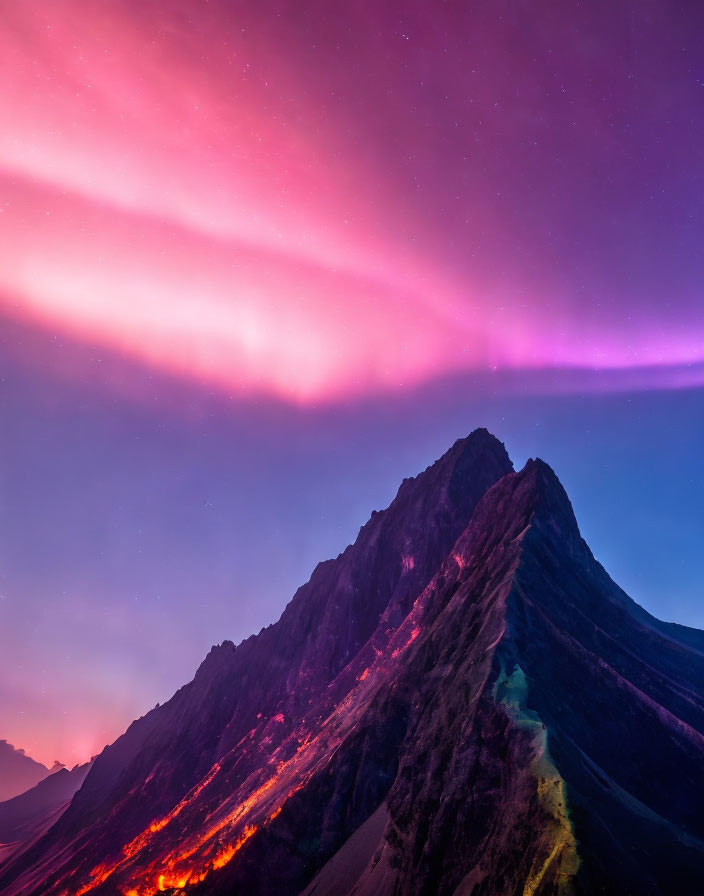 Vivid Pink and Purple Aurora Over Rugged Mountain Peak