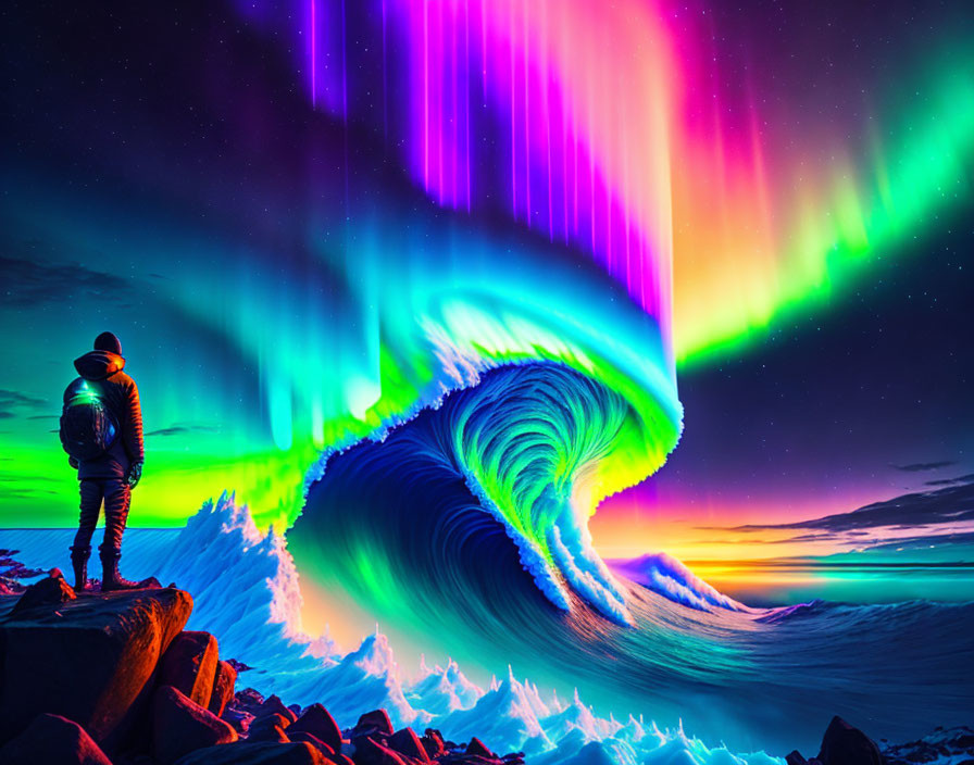 Person admires vibrant aurora borealis over colorful wave on rocky shore