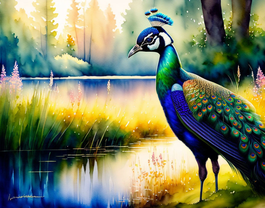 Colorful Peacock Painting by Lakeside with Greenery & Wildflowers