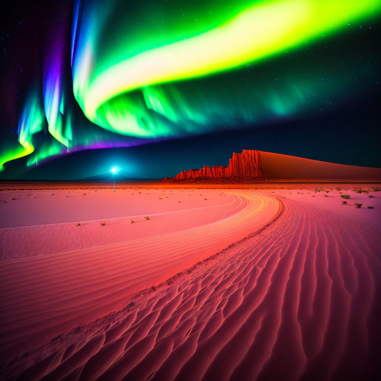 Colorful Aurora Borealis over Snowy Desert Landscape