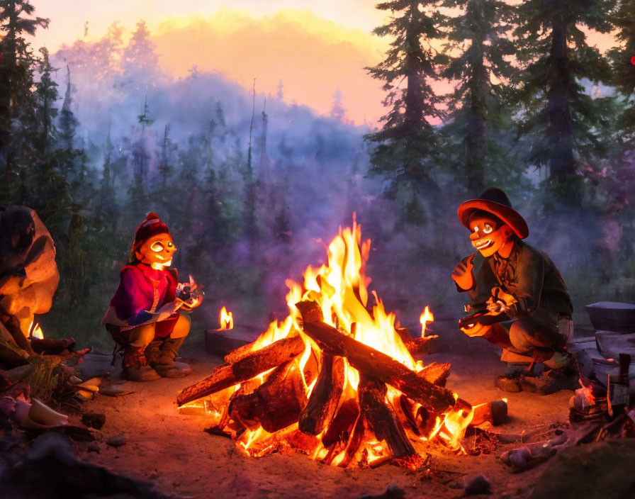 Animated characters at campfire in forest at dusk with guitar and marshmallow stick