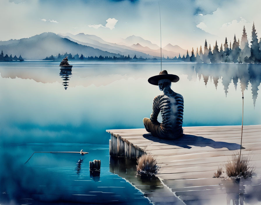 Person in hat fishing on lakeside dock with mountains and misty waters