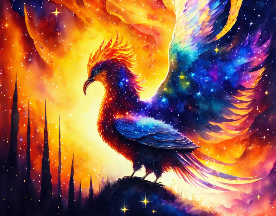 Colorful Phoenix Bird Against Starry Sky Background