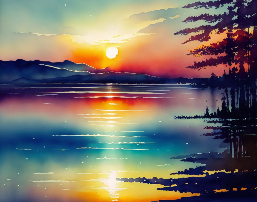 Scenic watercolor painting of sunset over calm lake