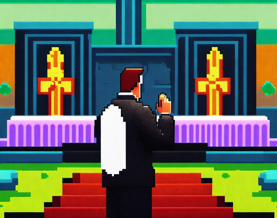 Man in suit pixel art praying at altar with crosses