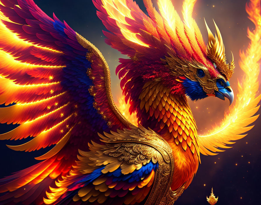 Mythical phoenix illustration with fiery wings in starry setting