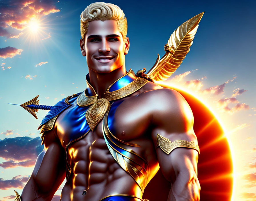 Muscular man in golden armor with winged shoulder piece against sunset sky