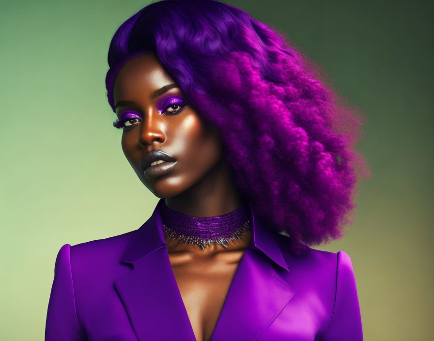 Purple-haired woman in blazer with matching makeup on green background