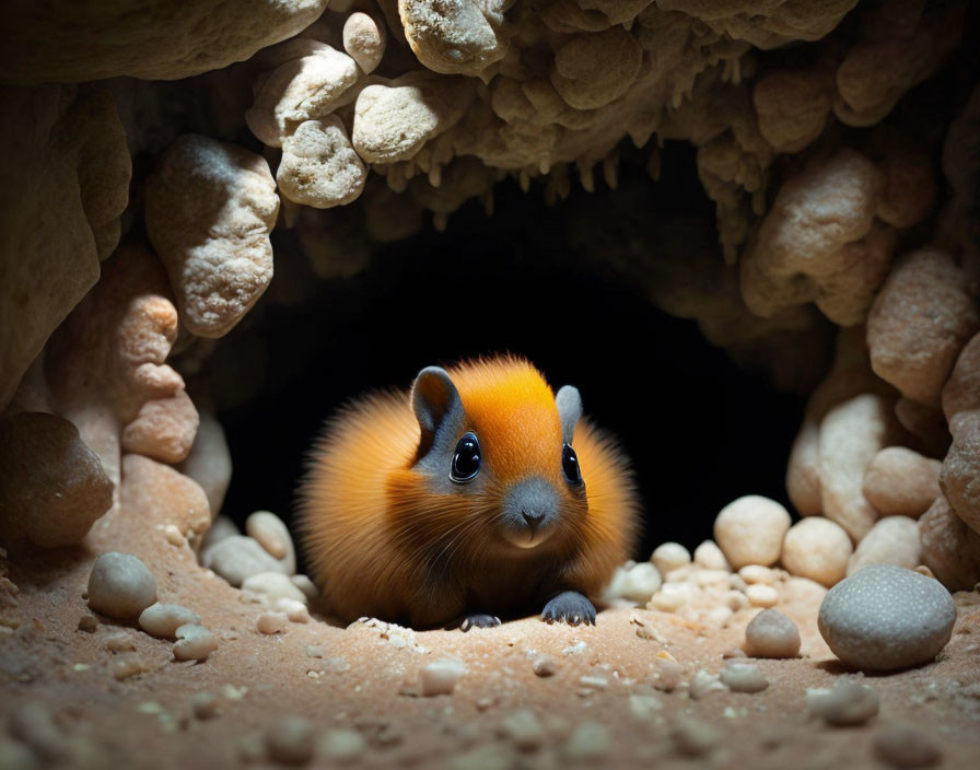 Bright Orange Rodent Peering from Rocky Cave