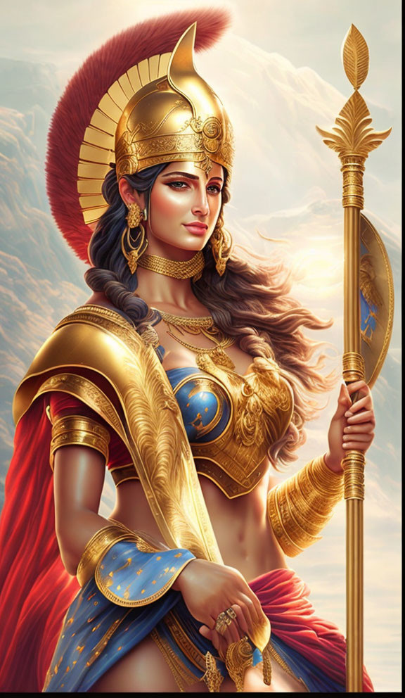 Golden-armored warrior woman with spear in celestial-themed digital art