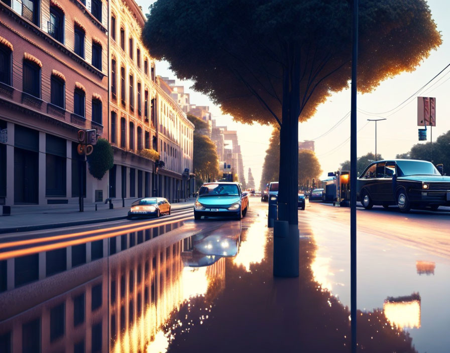 City street at sunset with buildings, trees, water reflection, and cars.