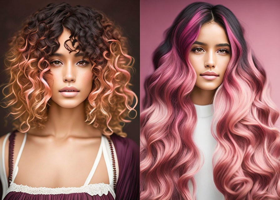 Women with stylish ombre hairstyles: curly brown to blonde and wavy pink to blonde.