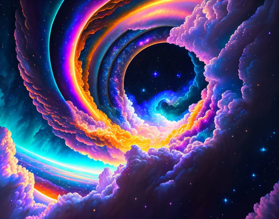 Colorful digital artwork: cosmic swirl with neon colors, merging clouds and starry space