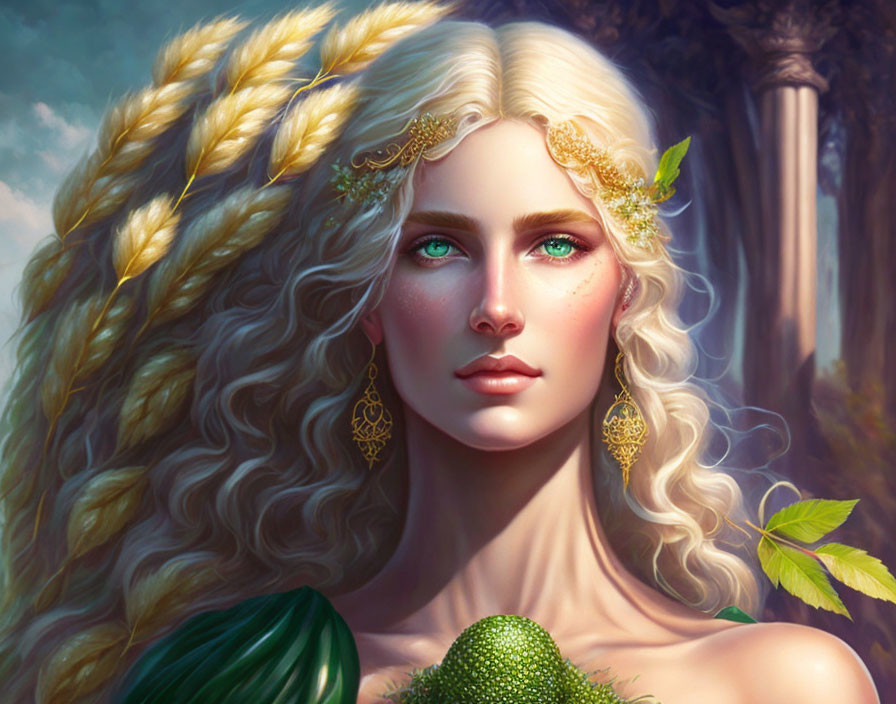 Fantastical digital artwork of a woman with golden hair and green eyes in forest.