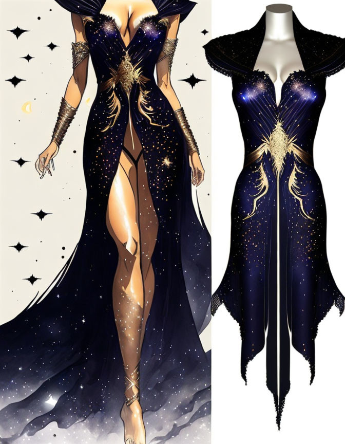 Dark Blue Gown with Golden Stars and High Slit, Gold Arm Cuffs and Neckpiece