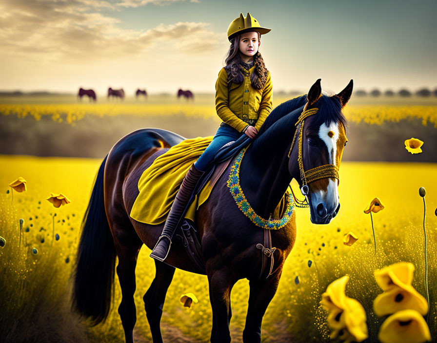 Young girl in yellow outfit rides horse in vibrant field