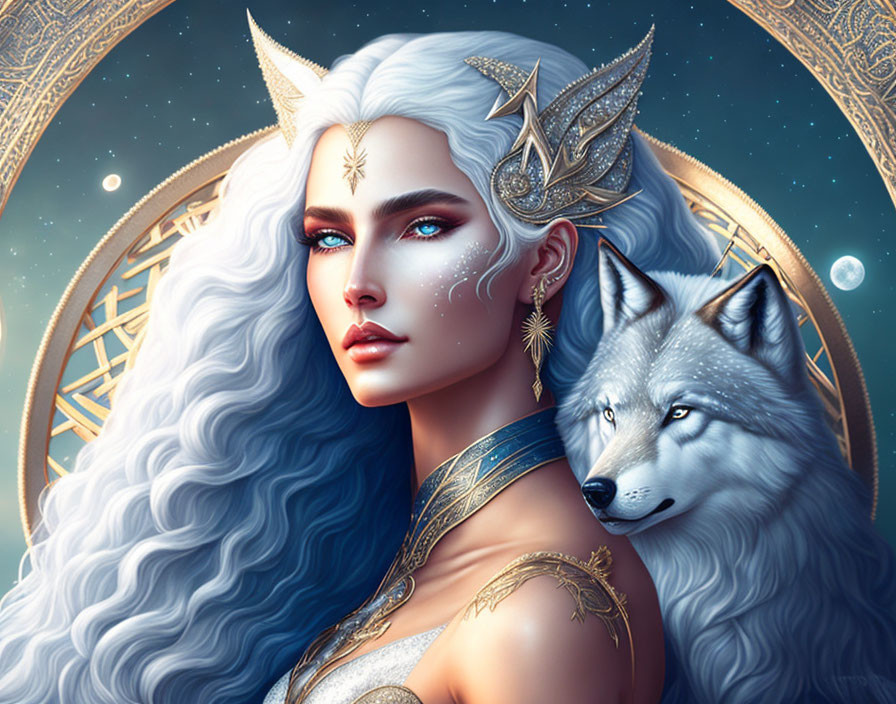 Fantasy illustration: Woman with white hair and elf-like ears, adorned with celestial jewelry, accompanied by