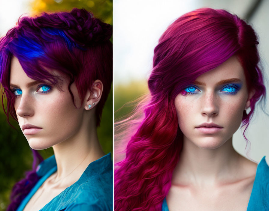 Woman with split vibrant blue and purple hair, pink hair, blue eyes, and eyeshadow.