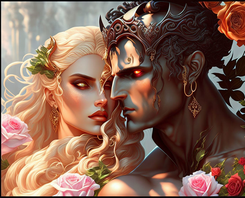 Fantasy digital artwork: Elven couple with jewelry and tattoos amidst roses