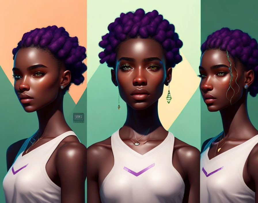 Triptych digital artwork of woman with purple hair and gold earrings in Nike top