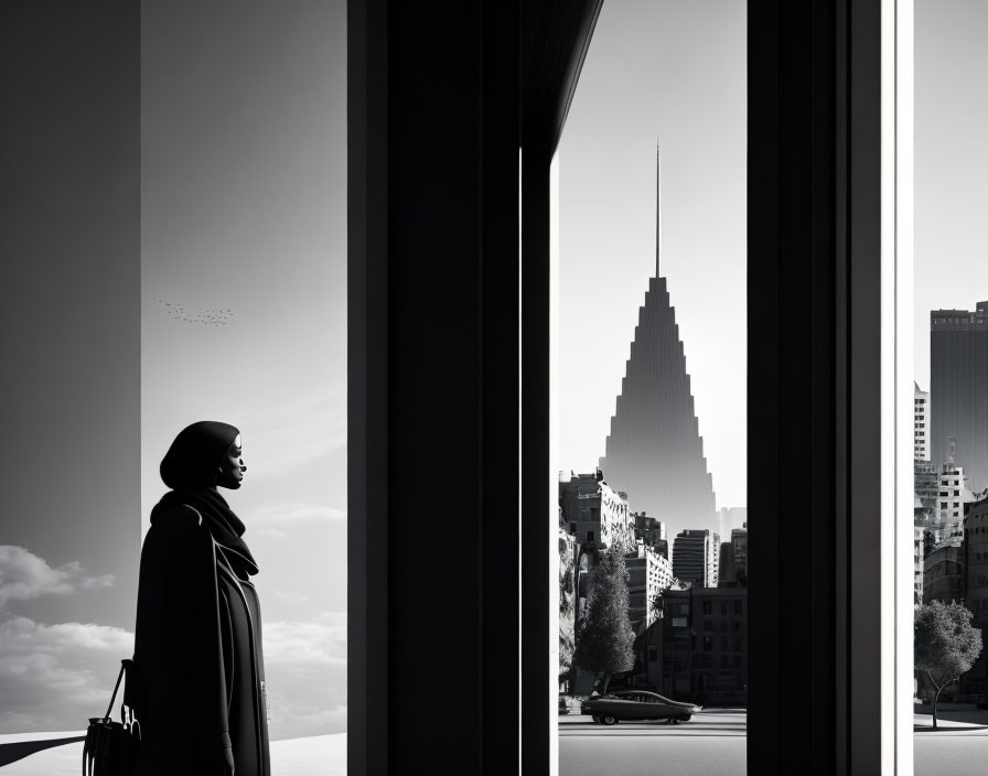 Silhouetted figure by window overlooking urban skyline with skyscrapers