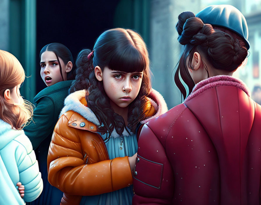 Digital artwork featuring four girls with varying expressions