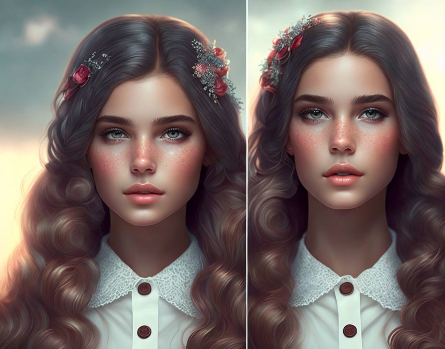 Digital artwork of young woman with long wavy brown hair and blue eyes in white blouse.