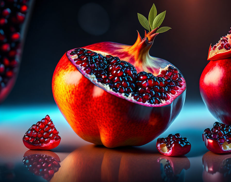 Fresh pomegranate with seeds on dark blue background