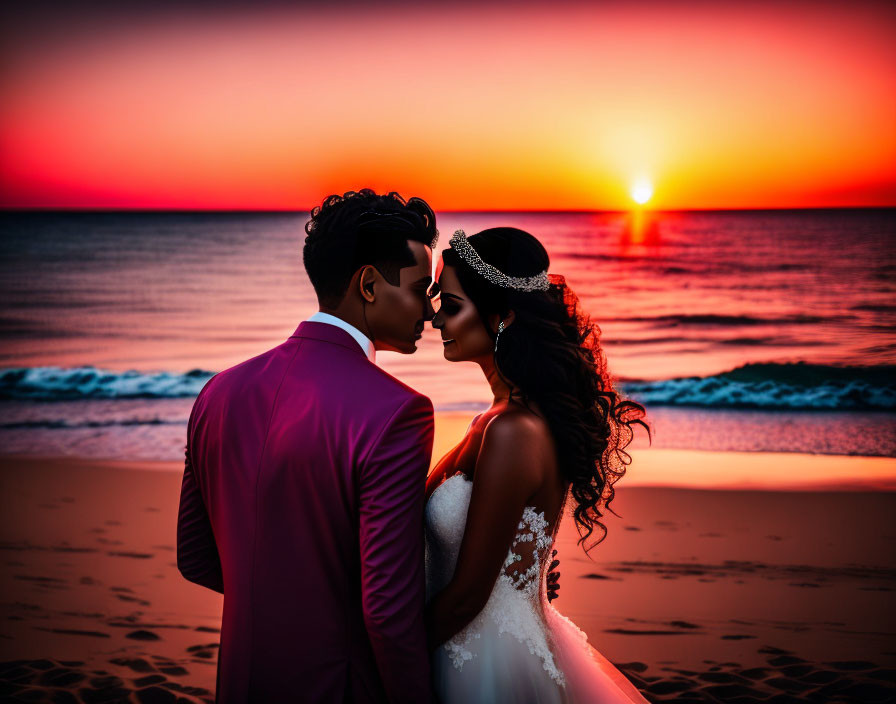 Wedding couple on beach at sunset with vibrant orange and red hues