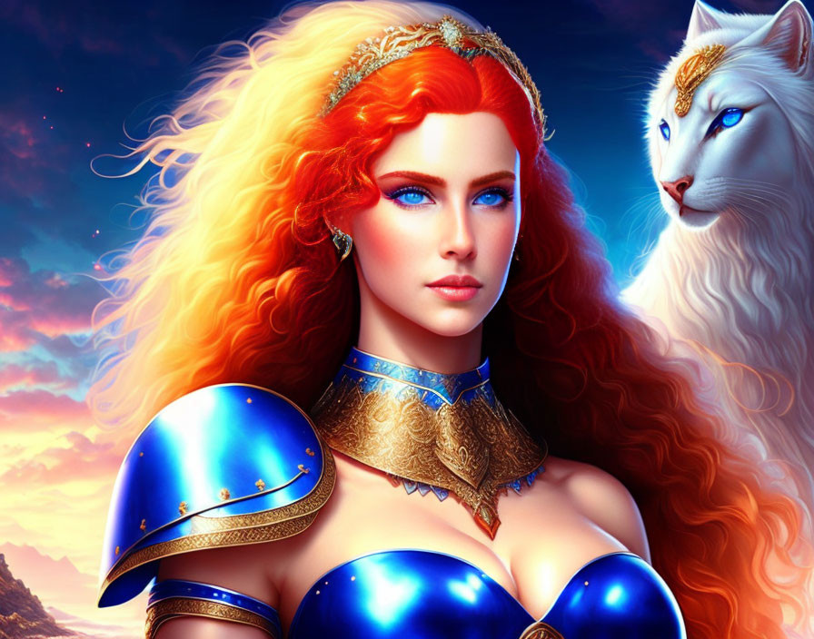 Digital Artwork: Woman with Red Hair, Blue Armor, White Cat, Vibrant Sky