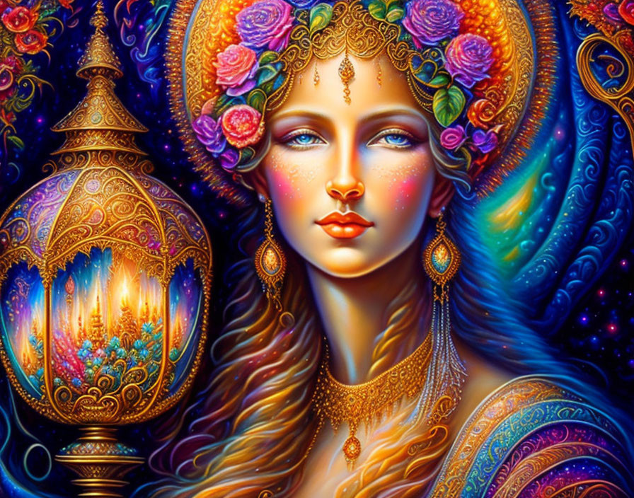 Colorful digital painting of a woman with floral adornments and lantern