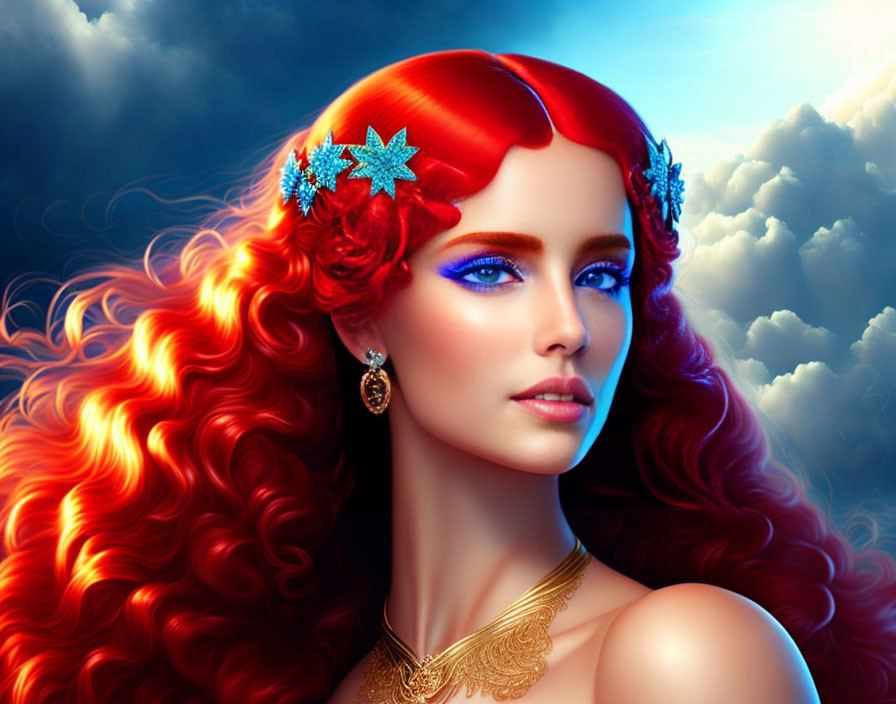 Vibrant red-haired woman with star hair clips in digital art portrait