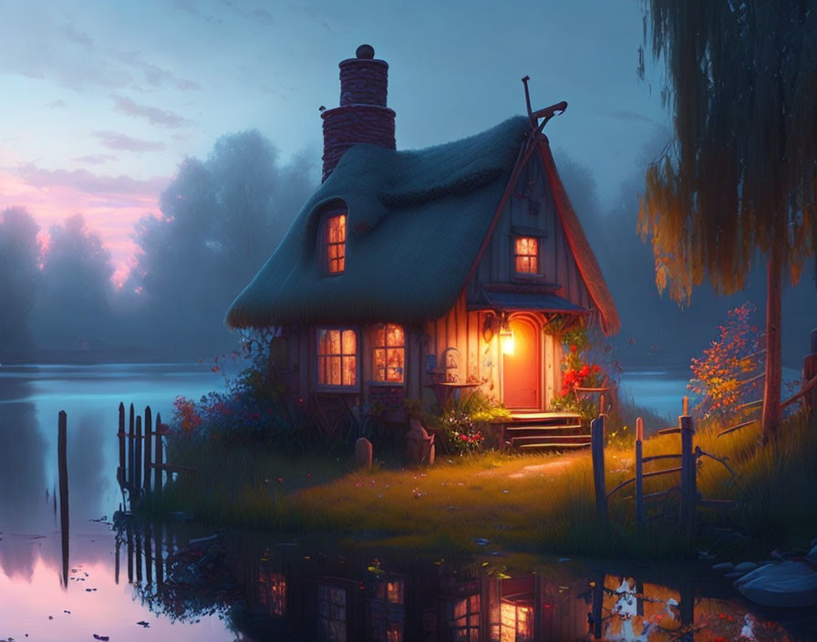 Cozy Thatched Roof Cottage by Calm Lake at Dusk