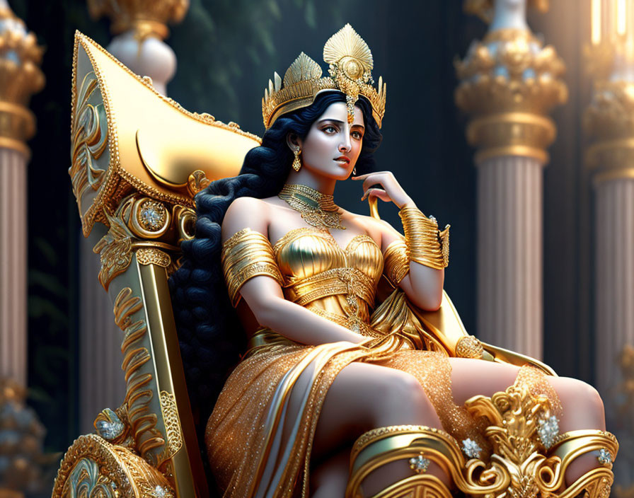 Regal woman with dark hair on golden throne in ornate attire