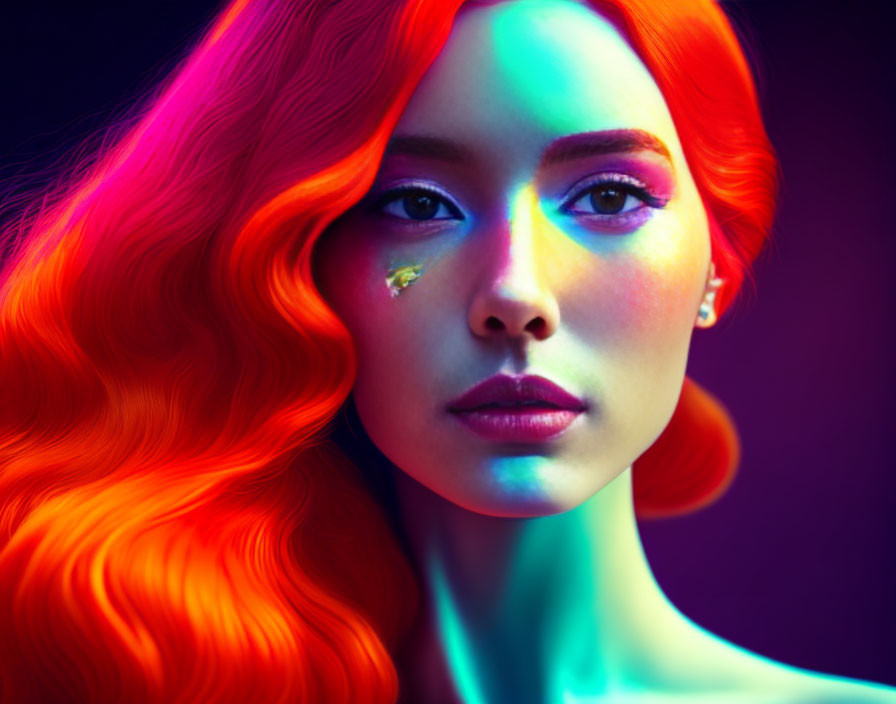 Vibrant red-haired woman under colorful lighting hues