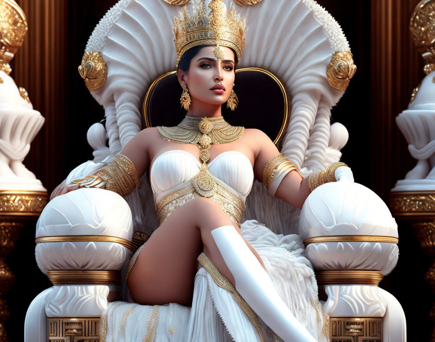 Regal woman in white and gold attire on ornate throne exudes elegance