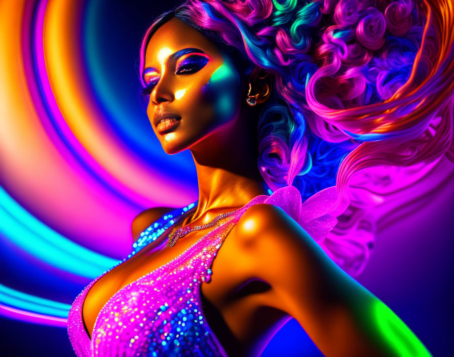 Colorful portrait of woman with fluorescent makeup and abstract background