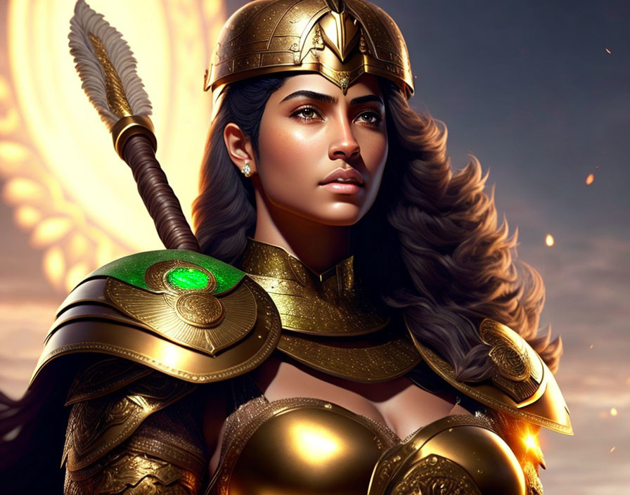 Detailed illustration of warrior woman in golden armor with plumed helmet, holding spear, hair illuminated.